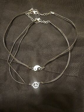 Source Unknown Black Cord Layered Choker with Yin Yang and Peace Charms